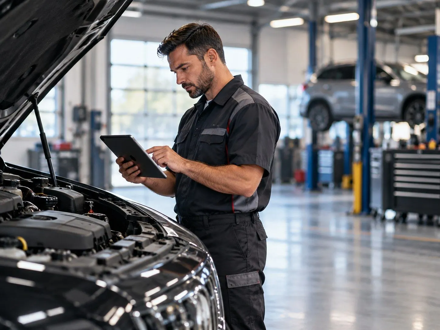 Mechanic recording an inspection on a tablet at an open bonnet