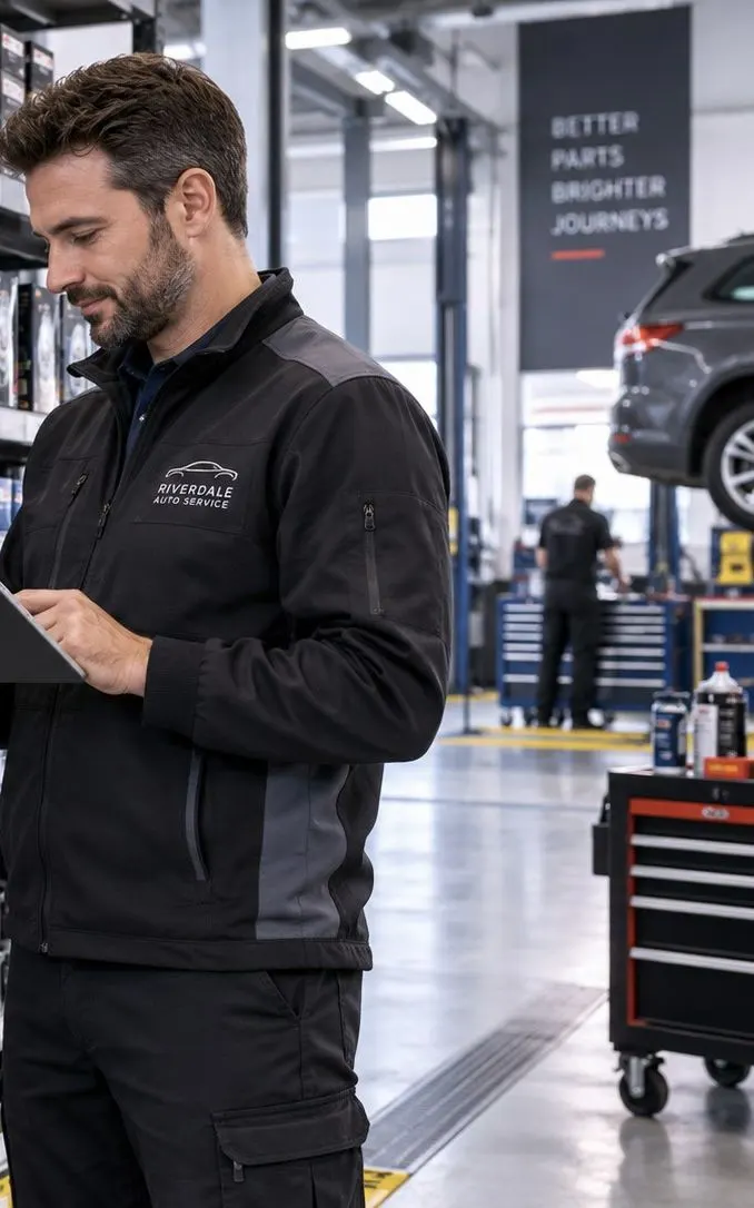 Parts manager checking stock on a tablet in the warehouse