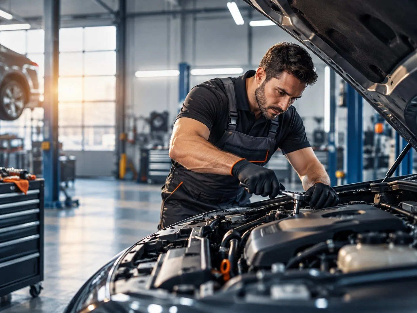 Mechanic in gloves working in the engine bay of a car