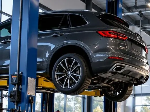 Car raised on a lift for an underbody inspection