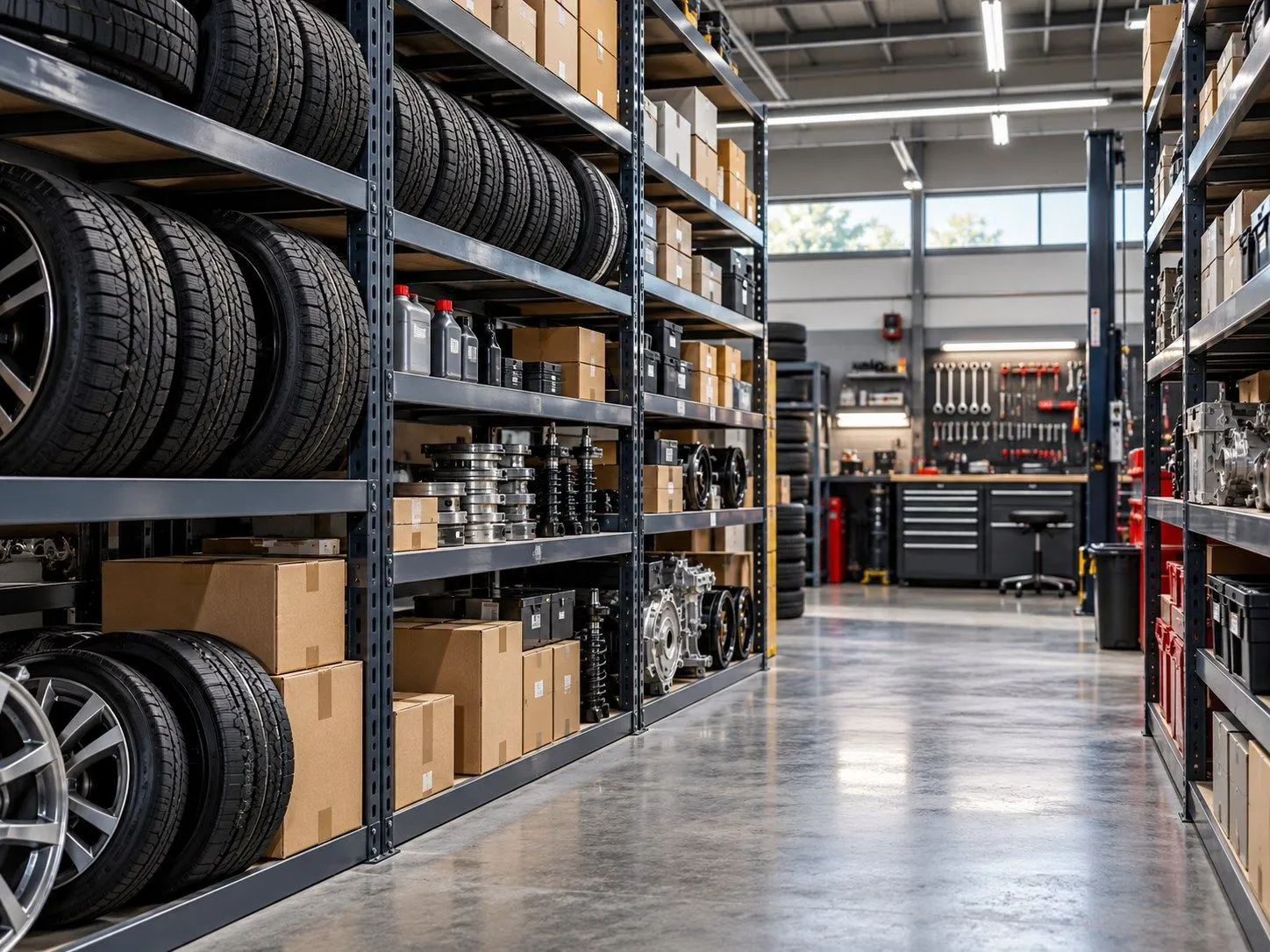 Storage aisle with tyres and parts on shelves