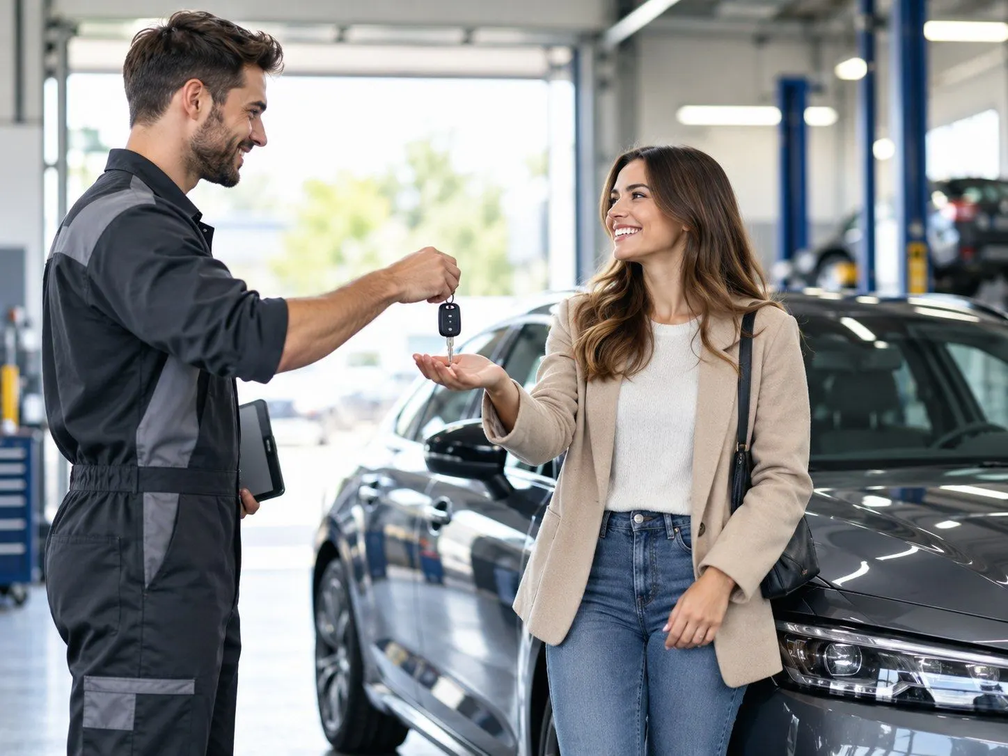 Mechanic handing the car keys back to a smiling customer