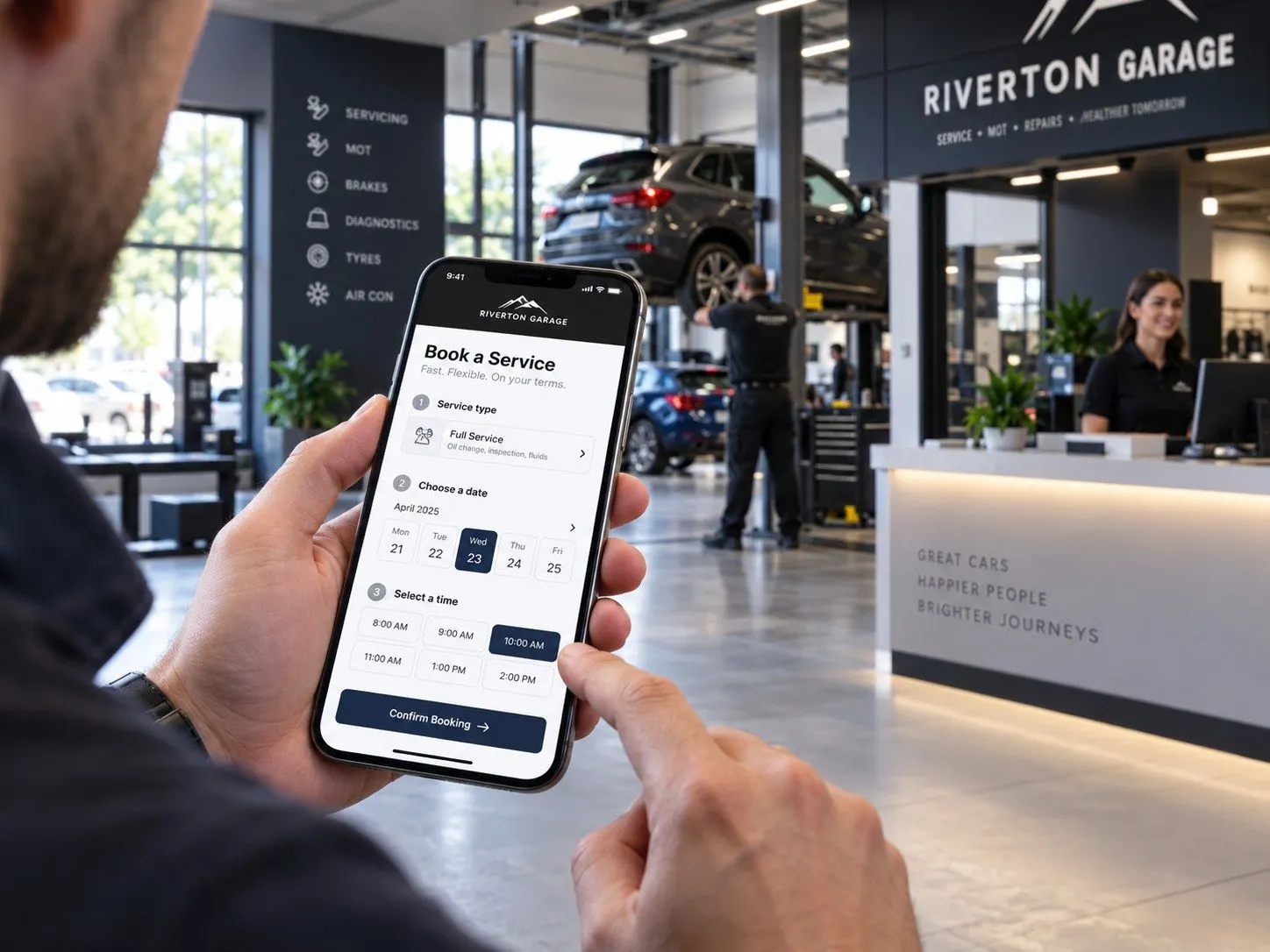 Customer booking a car service on a phone in the garage